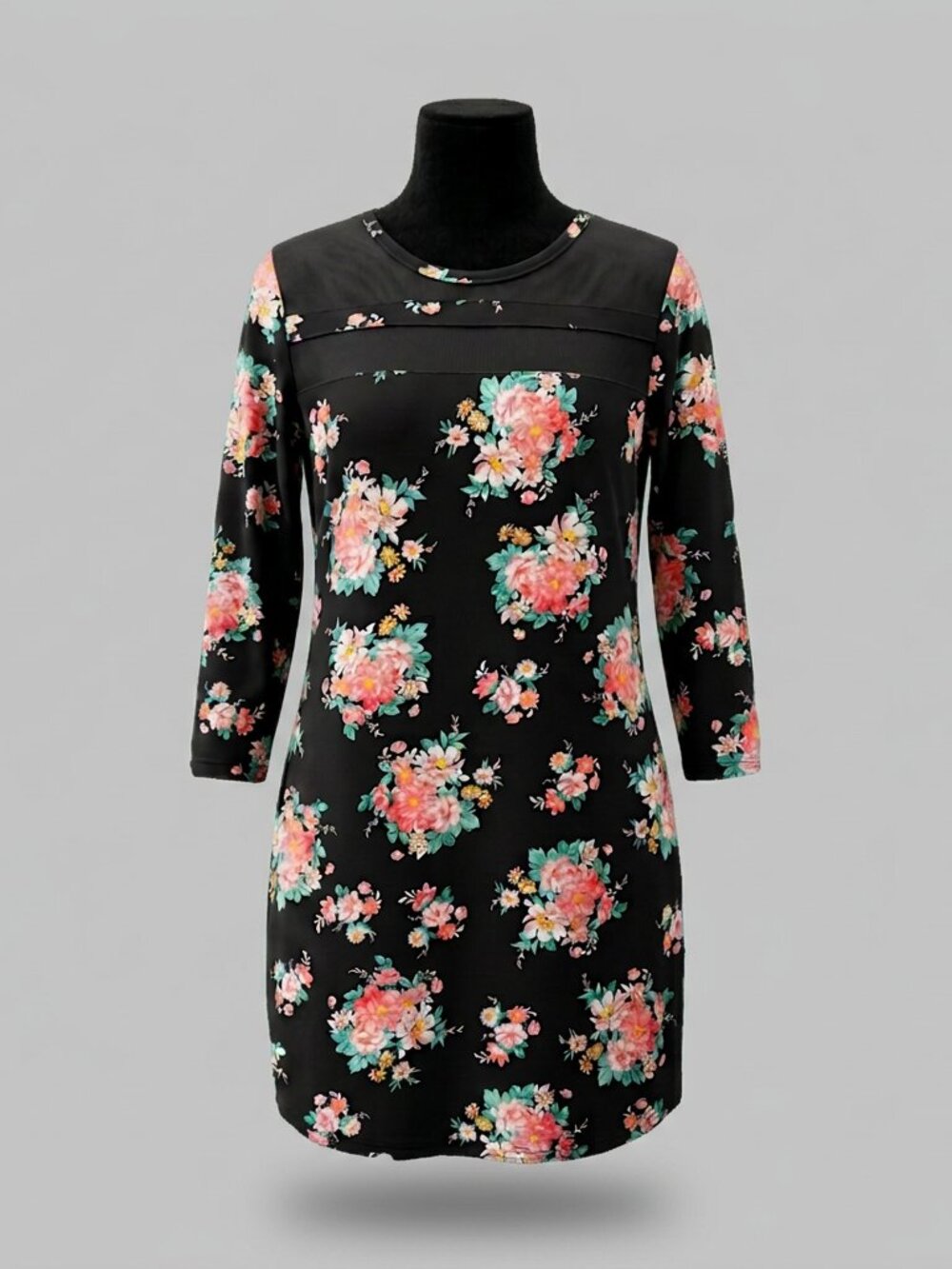 Bobbie & Brooks Floral Mini Dress with Mesh Detail L Black Cottage Y2K
